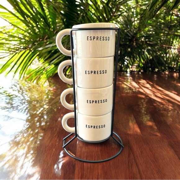 None Other - Espresso Cup Set with Stand - White Earthenware, 4 Stackable Mugs